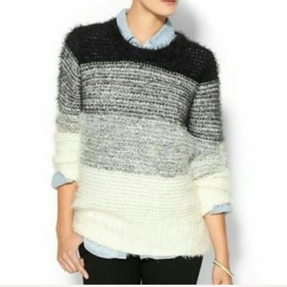 Piperlime Mohair Striped Eyelash Sweater Black Grey Cream Ombré Soft